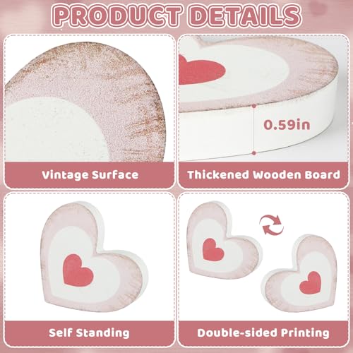 Yewfold 6Pcs Valentine's Day Wooden Hearts Tiered Tray Decor, Farmhouse Distressed Pink Heart Shaped Love Signs Table Decor for Home Office Tabletop - Image 3