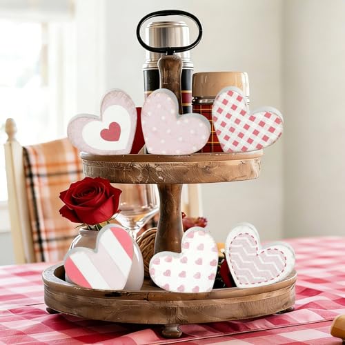 Yewfold 6Pcs Valentine's Day Wooden Hearts Tiered Tray Decor, Farmhouse Distressed Pink Heart Shaped Love Signs Table Decor for Home Office Tabletop - Image 4