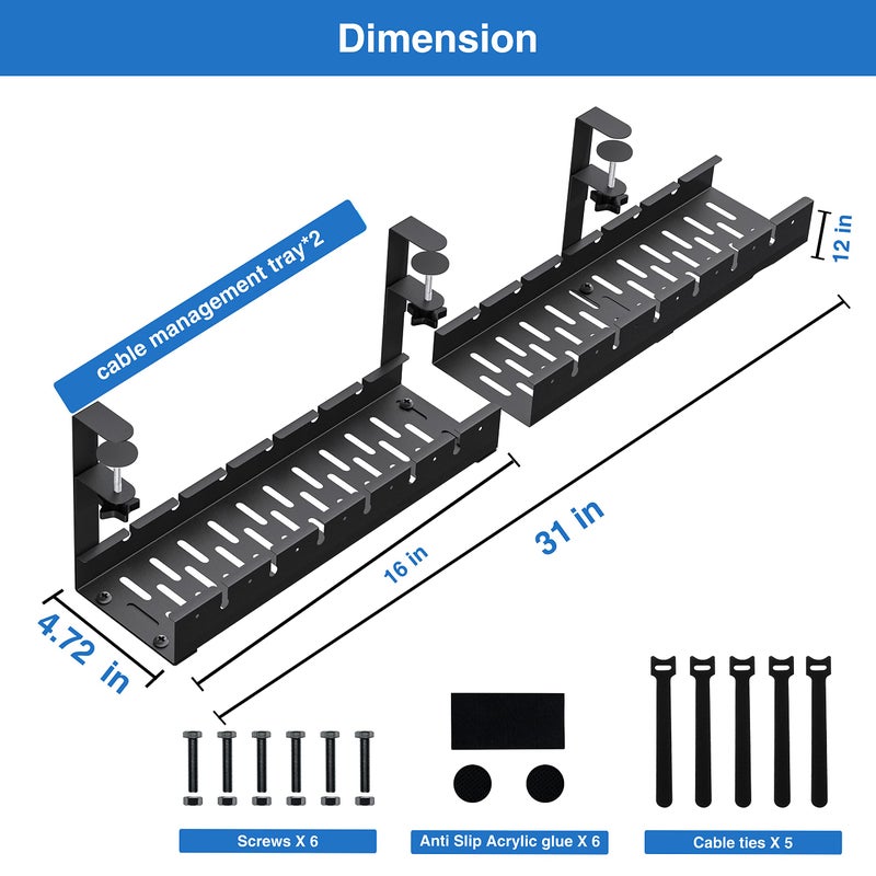 BIWIST No Drilling Extendable Under Desk Cable Management, Metal Cable Management Tray Under Desk with Clamp, Retractable Power Strip Cord Holder for Wire Management 31Inch(1 Pack Black Extendable 31') - Image 4