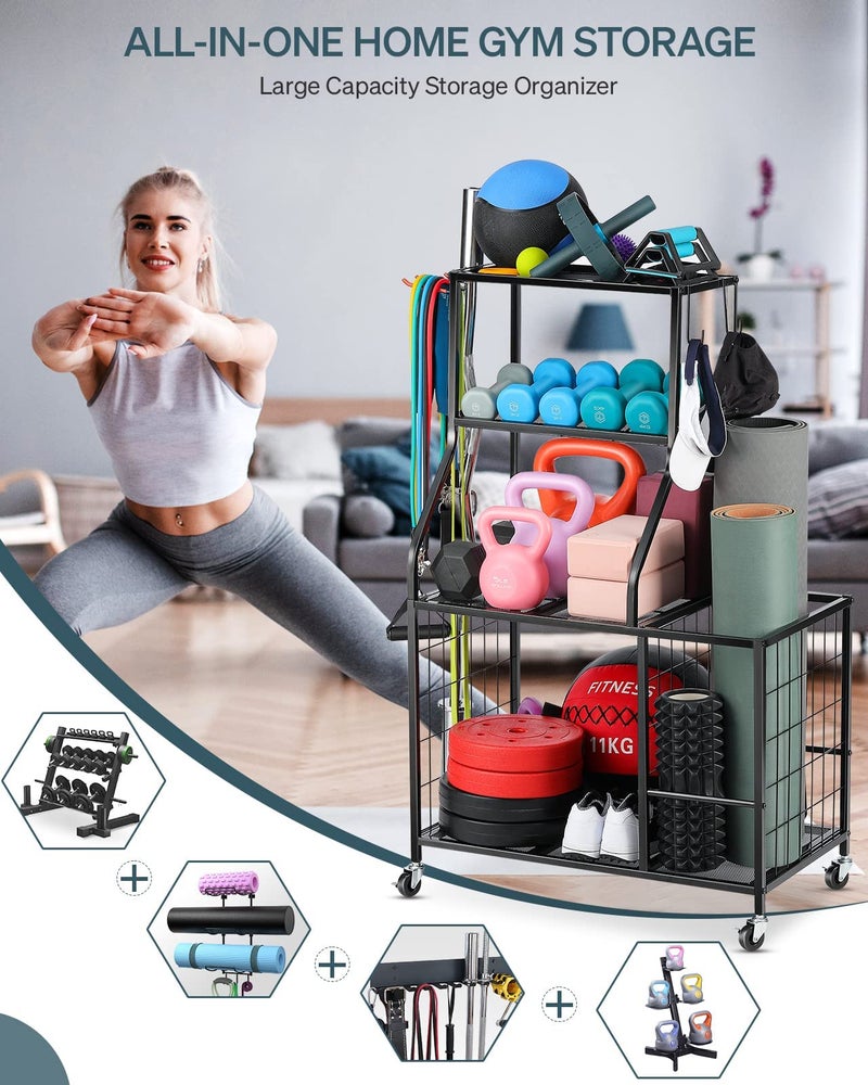 AHOWPD Weight Rack For Dumbbells Storage - Home Gym Storage Yoga Mat Storage Rack Workout Equipment Storage Rack for Kettlebells, Multifunction Exercise Equipment Gym Rack Organizer with Wheels and Hooks - Image 2