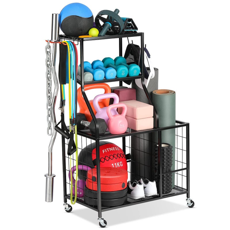 AHOWPD Weight Rack For Dumbbells Storage - Home Gym Storage Yoga Mat Storage Rack Workout Equipment Storage Rack for Kettlebells, Multifunction Exercise Equipment Gym Rack Organizer with Wheels and Hooks - Image 1