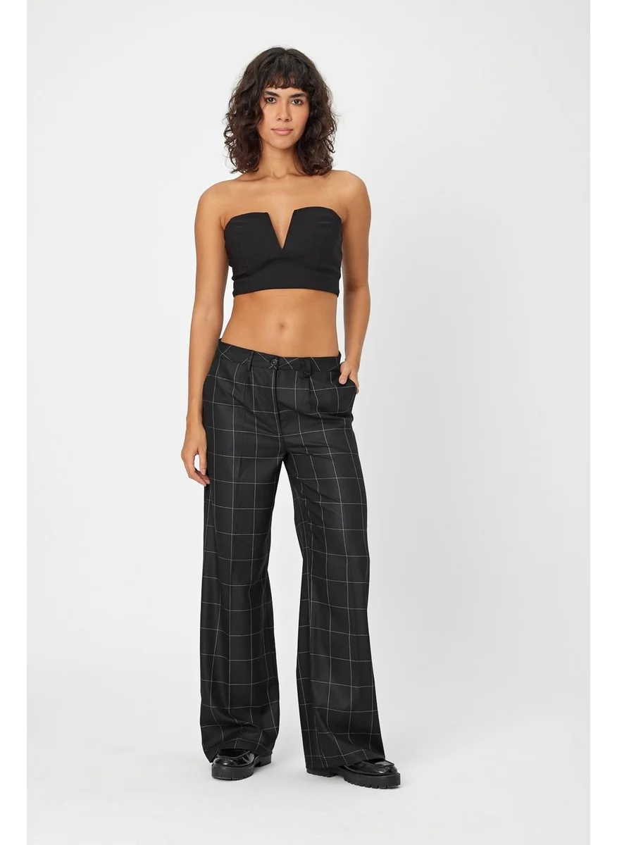 Alexander Gardi Alexandergardi Wide Leg Wide Leg Checkered Double Pocket Classic Women's Trousers (B24-0001)