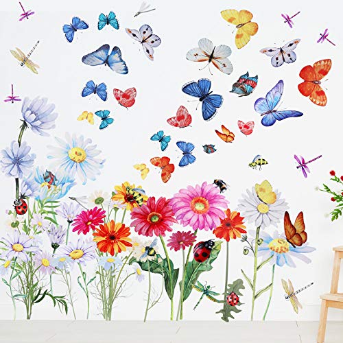 Zonon 64 Pcs Flowers Butterflies Wall Decals Chrysanthemums Dragonflies Wall Stickers Botanical Peel and Stick Art Removable PVC Garden Decal Murals for Nursery Bedroom Living Room Decor(Colorful) - Image 1