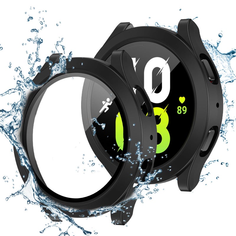 Tensea Samsung Galaxy Watch 5/4 40mm 2 Pack Waterproof Hard PC Bumper Case with Built-in Tempered Glass Screen Protector, Black - Image 1