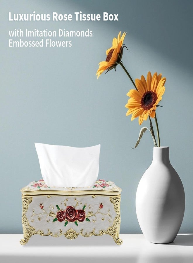 Tsnamay 9.45"x5.43"x3.94" Luxurious Rose Tissue Box with Imitation Diamonds, Embossed Flowers, Elegant Tissue Paper Holders for Home Toilet Bath Hotel,Gold-White-red - Image 2