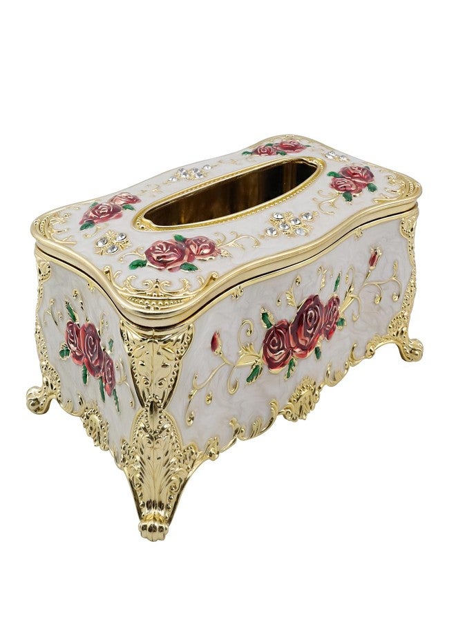 Tsnamay 9.45"x5.43"x3.94" Luxurious Rose Tissue Box with Imitation Diamonds, Embossed Flowers, Elegant Tissue Paper Holders for Home Toilet Bath Hotel,Gold-White-red - Image 1