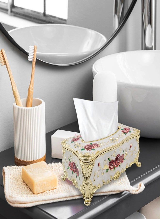 Tsnamay 9.45"x5.43"x3.94" Luxurious Rose Tissue Box with Imitation Diamonds, Embossed Flowers, Elegant Tissue Paper Holders for Home Toilet Bath Hotel,Gold-White-red - Image 5