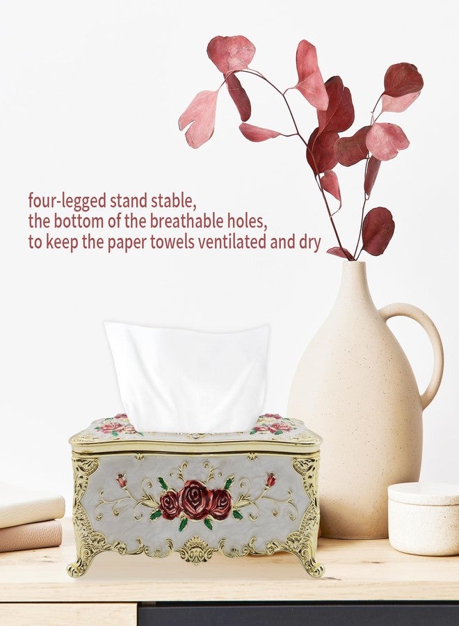 Tsnamay 9.45"x5.43"x3.94" Luxurious Rose Tissue Box with Imitation Diamonds, Embossed Flowers, Elegant Tissue Paper Holders for Home Toilet Bath Hotel,Gold-White-red - Image 3