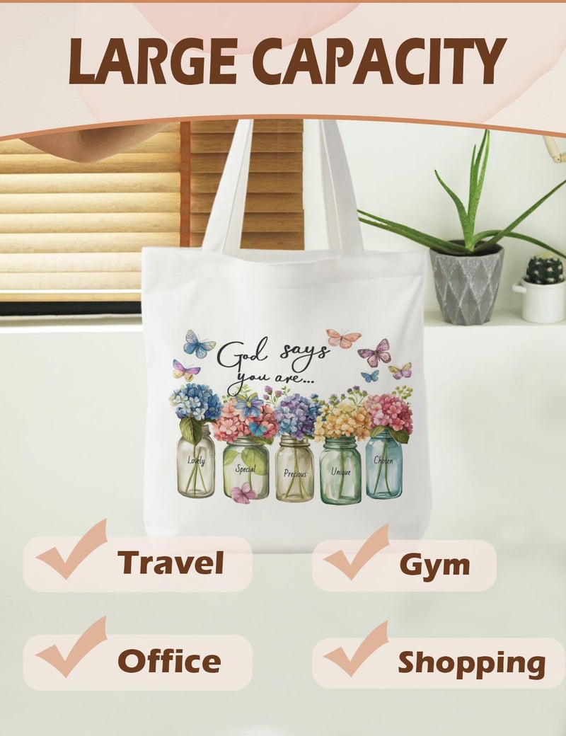 Supwhd God Says You are Hydrangea Floral Christian Tote Bag, Christian Religious Gifts for Women, Bible Verses Canvas Tote Bags for Women, Faith Based Gifts Reusable Grocery Bags Shopping Bags - Image 4