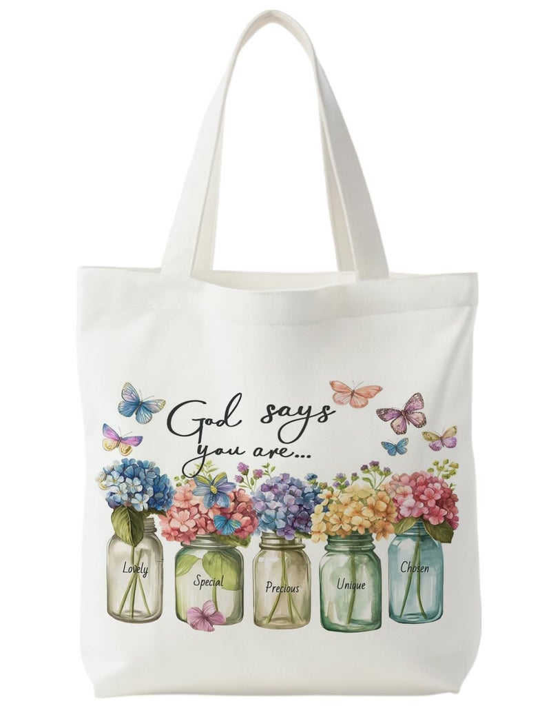 Supwhd God Says You are Hydrangea Floral Christian Tote Bag, Christian Religious Gifts for Women, Bible Verses Canvas Tote Bags for Women, Faith Based Gifts Reusable Grocery Bags Shopping Bags - Image 1