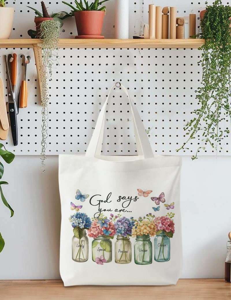 Supwhd God Says You are Hydrangea Floral Christian Tote Bag, Christian Religious Gifts for Women, Bible Verses Canvas Tote Bags for Women, Faith Based Gifts Reusable Grocery Bags Shopping Bags - Image 3