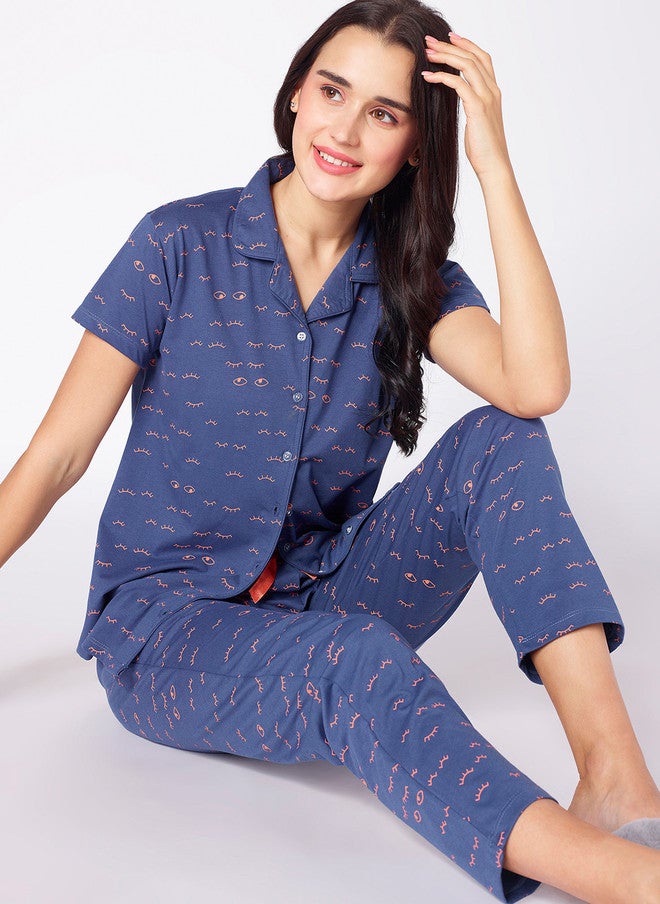 beebelle Blue & Pink Conversational Printed Night Suit - Image 1
