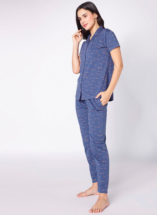 beebelle Blue & Pink Conversational Printed Night Suit - Image 4