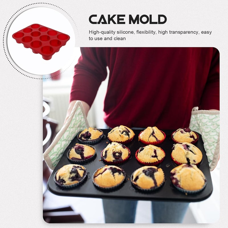 Silicone Baking Pan 12-cup Muffin Mold Cake Maker Non-stick Red Bakeware Kitchen Tool for Home and Commercial Use 31.5 X 24 X 5 Cm - Image 3