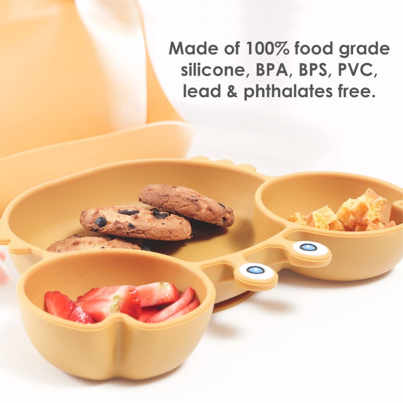 ROCCED Suction Plates for Baby, Silicone Plates with Suction for Baby Divided, Baby Spoon Fork Set for Toddler Baby Dishes Kids Utensils-Crab Yellow - Image 2