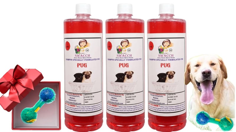 swacch Pug Dog Shampoo + Dumbbell Toy I Durable Rubber Dog Toy for Chewing I Playing,Teeth Cleaning & Training Toy I Combo Pack I 1 Litre Pack of 3 Strawberry - Image 1