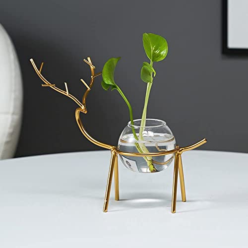 Lavish Craft Desktop Deer Plant Vases Small Glass Flower Vase with Gold Metal Stand Propagation Station Plant Holder Glass Planter Holder Deer for Home Wedding Decor (B) - Image 1