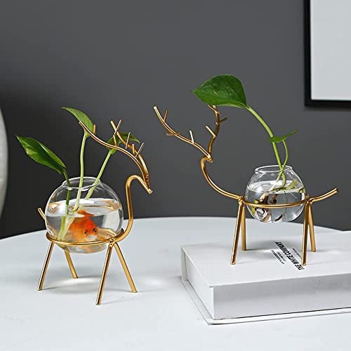 Lavish Craft Desktop Deer Plant Vases Small Glass Flower Vase with Gold Metal Stand Propagation Station Plant Holder Glass Planter Holder Deer for Home Wedding Decor (B) - Image 2