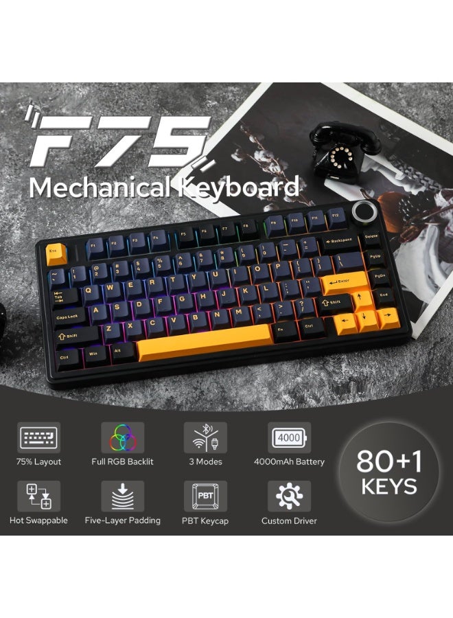 أولا لوحة مفاتيح ميكانيكية F75 75% للألعاب مع مقبض CNC قابلة للتبديل الساخن لوحة مفاتيح مخصصة لوحة مفاتيح لاسلكية مفاتيح مزودة مسبقًا بالشحم 2.4GHz/Type-C/BT5.0 أضواء خلفية RGB أغطية مفاتيح PBT لوحات مفاتيح للألعاب للاعبين (أسود رعدي) - Image 2