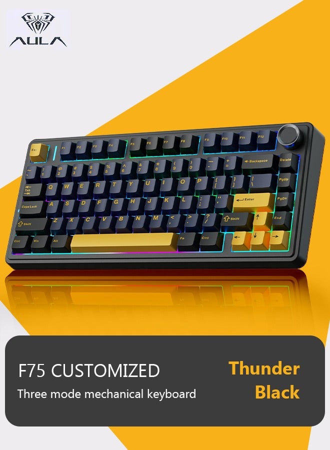 F75 Mechanical Keyboard 75% Gaming Keyboard with CNC Knob Gasket Hot Swappable Custom Keyboard Wireless Keyboard Pre-lubed Switches 2.4GHz/Type-C/BT5.0 RGB Backlit PBT Keycaps Gaming Keyboards for Gamers (Thunder Black)