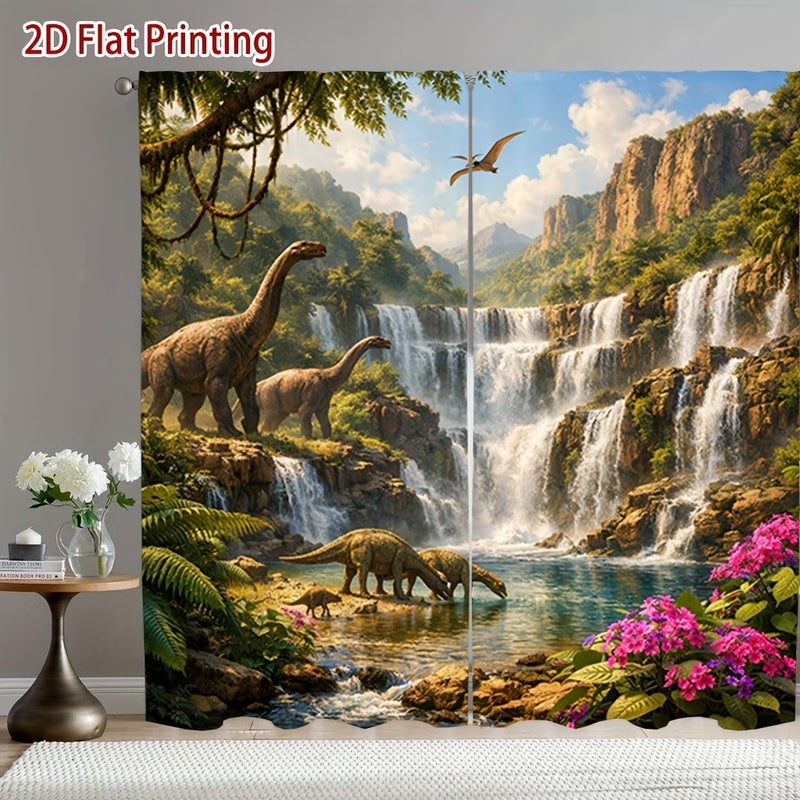 2pcs Dinosaur Waterfall Landscape Curtains 51.97x94.49in Soft Light Filtering Privacy Protection Rod Pocket for Living Room Kitchen Bedroom Study Balcony Hotel Restaurant Home Decor - Image 1