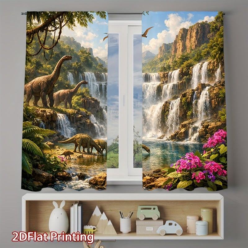 2pcs Dinosaur Waterfall Landscape Curtains 51.97x94.49in Soft Light Filtering Privacy Protection Rod Pocket for Living Room Kitchen Bedroom Study Balcony Hotel Restaurant Home Decor - Image 3