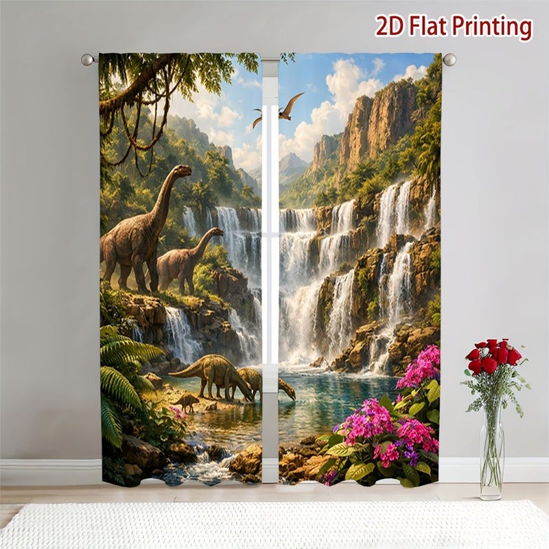 2pcs Dinosaur Waterfall Landscape Curtains 51.97x94.49in Soft Light Filtering Privacy Protection Rod Pocket for Living Room Kitchen Bedroom Study Balcony Hotel Restaurant Home Decor - Image 4