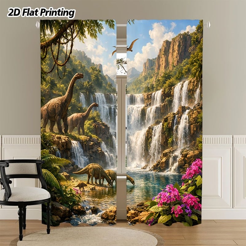 2pcs Dinosaur Waterfall Landscape Curtains 51.97x94.49in Soft Light Filtering Privacy Protection Rod Pocket for Living Room Kitchen Bedroom Study Balcony Hotel Restaurant Home Decor - Image 5
