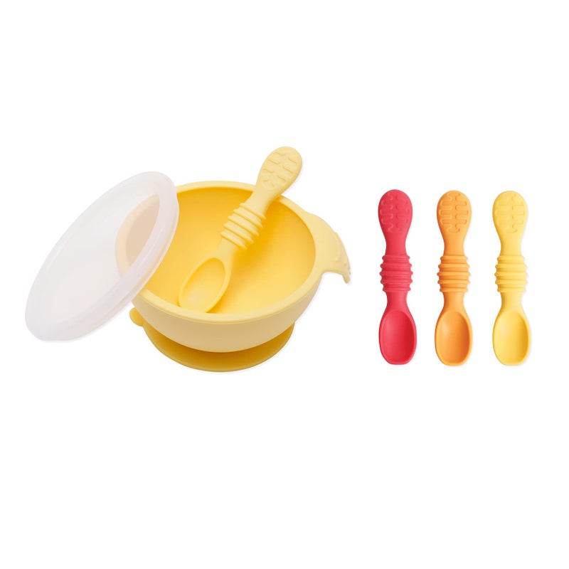 Bumkins Baby Bowl Silicone Feeding Set with Suction for Baby and Toddler Includes 4 Spoons and Lid First Feeding Set Training Essentials for Baby Led Weaning for Babies 4 Months Up Pineapple