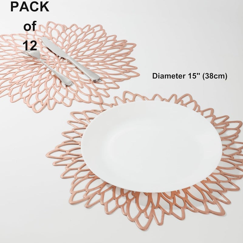 Snowkingdom 12 Pack Rose Gold Placemats Metallic Pressed Vinyl for Mothers Day Table Decoration Dinning Mats Bulk Round Floral Charger for Wedding Valentines Day Christmas Holiday - Image 2