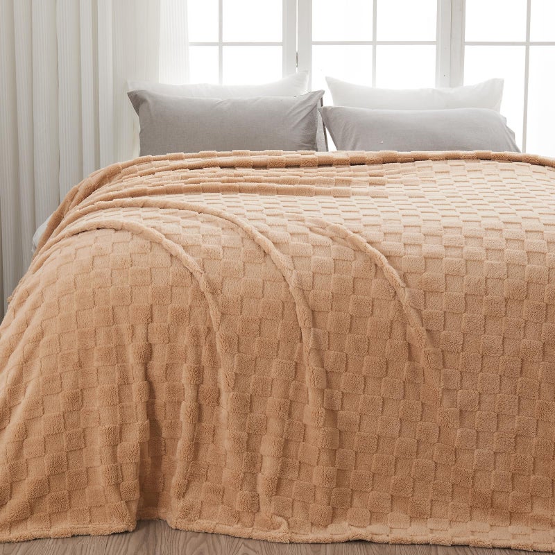 NEWCOSPLAY Super Soft Queen Blanket Brown Premium Silky Flannel Fleece 3D Checkered Lightweight Bed Blanket All Season Use (Brown Checkered  Queen(90""x90"")) - Image 1