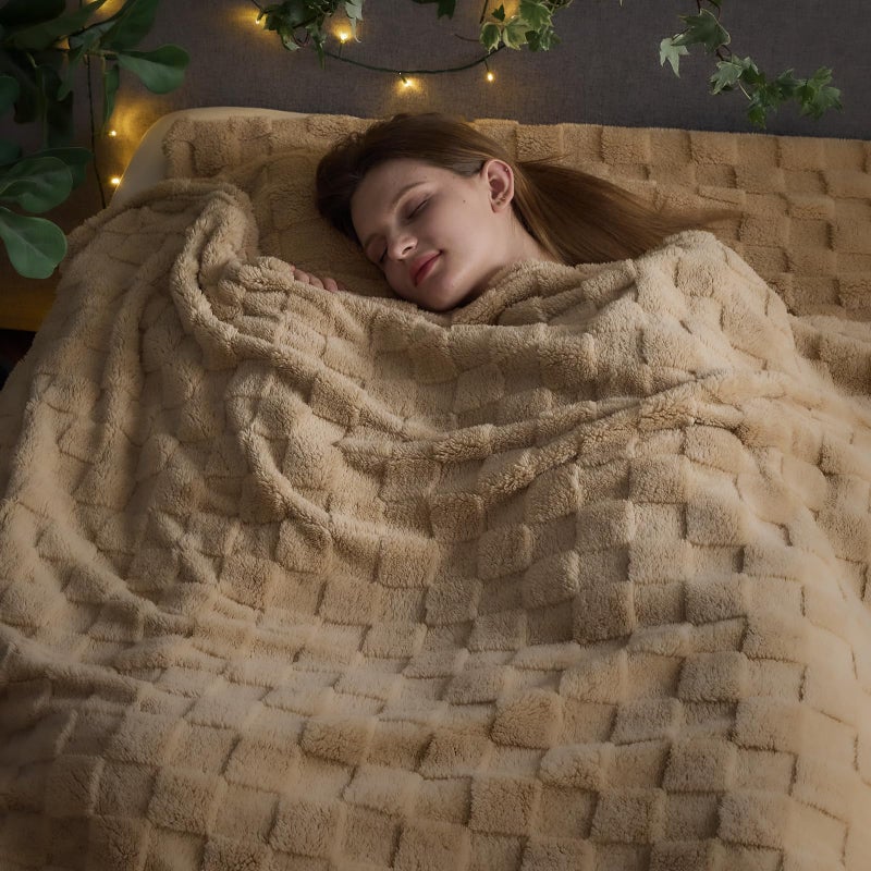 NEWCOSPLAY Super Soft Queen Blanket Brown Premium Silky Flannel Fleece 3D Checkered Lightweight Bed Blanket All Season Use (Brown Checkered  Queen(90""x90"")) - Image 2
