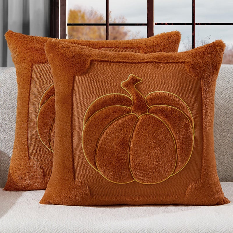 Allorry Fall Pillow Covers 18x18 Set of 2 Rust Pumpkin Throw Pillow Covers Soft Plush Faux Fur Fall Decorations Cushion Covers for Sofa Bedroom Living Room Autumn Thanksgiving Home Decor PT009C18 - Image 2