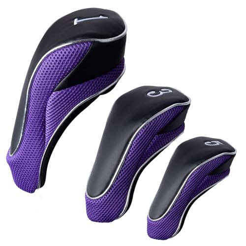 Andux Golf Club Driver Wood Head Covers with Hook & Loop Set of 3 Black/Purple - Image 1