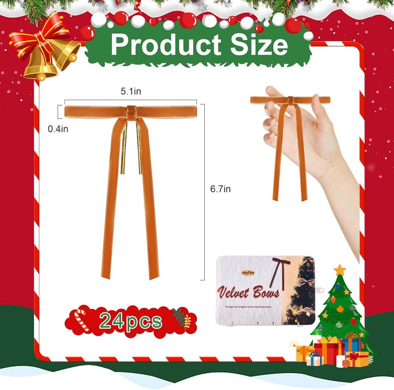Anyfire Camel Velvet Bows for Christmas Tree 24 Pcs: Vintage Velvet Ribbon Bows for Tree Wreath Garland Gift Wrapping Decor - Small Christmas Tree Bows for Home Holiday Xmas Decoration (5"x7", 3/8" Width) - Image 2