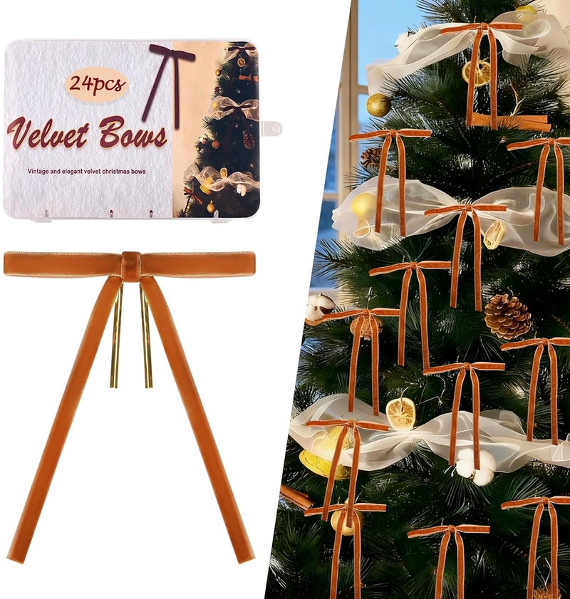 Anyfire Camel Velvet Bows for Christmas Tree 24 Pcs: Vintage Velvet Ribbon Bows for Tree Wreath Garland Gift Wrapping Decor - Small Christmas Tree Bows for Home Holiday Xmas Decoration (5"x7", 3/8" Width) - Image 1