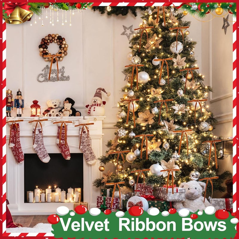 Anyfire Camel Velvet Bows for Christmas Tree 24 Pcs: Vintage Velvet Ribbon Bows for Tree Wreath Garland Gift Wrapping Decor - Small Christmas Tree Bows for Home Holiday Xmas Decoration (5"x7", 3/8" Width) - Image 5