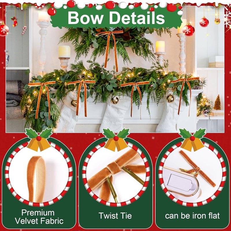 Anyfire Camel Velvet Bows for Christmas Tree 24 Pcs: Vintage Velvet Ribbon Bows for Tree Wreath Garland Gift Wrapping Decor - Small Christmas Tree Bows for Home Holiday Xmas Decoration (5"x7", 3/8" Width) - Image 3