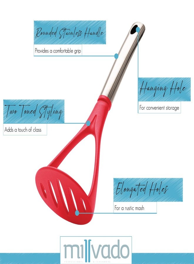 Millvado Potato Masher, Strong Stainless Steel Handle with Heavy Duty Plastic Base, 11.5 Inch Red Mashed Potatos Masher, Hand Smasher for Vegtables - Image 2