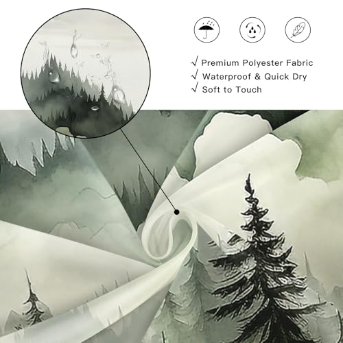 BayNook Dark Green Misty Forest Shower Curtain, Mountain Nature Shower Curtain for Bathroom, Rustic Woodland Pine Tree Landscape Mens Decor Waterproof Fabric Shower Curtain Set with Hooks, 72x72 - Image 5