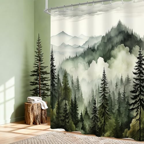 BayNook Dark Green Misty Forest Shower Curtain, Mountain Nature Shower Curtain for Bathroom, Rustic Woodland Pine Tree Landscape Mens Decor Waterproof Fabric Shower Curtain Set with Hooks, 72x72 - Image 2