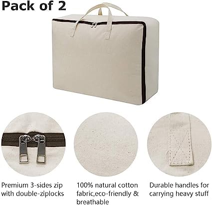 TAKIVA Cotton Canvas Foldable Bed Storage Organizer Pack Of 2 | Quilt Storage Bags Big Size, Blanket Storage Of Extra Large, Underbed Storage Bag For Clothes (60 X 45 X 22 Cm), Off-White - Image 5