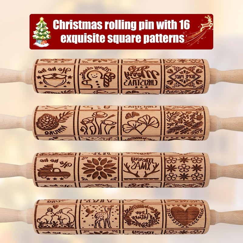 XINBADA 17" Premium Wooden Rolling Pins for Baking with XMAS Embossed Designs | 3mm Deep Springerle Cookie Molds | Christmas Rolling Pin & Baking Gifts for Women | Includes 3-in-1 Cleaning Brush - Image 3
