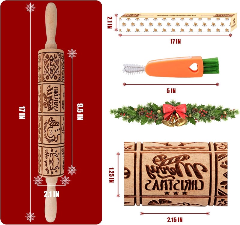 XINBADA 17" Premium Wooden Rolling Pins for Baking with XMAS Embossed Designs | 3mm Deep Springerle Cookie Molds | Christmas Rolling Pin & Baking Gifts for Women | Includes 3-in-1 Cleaning Brush - Image 2