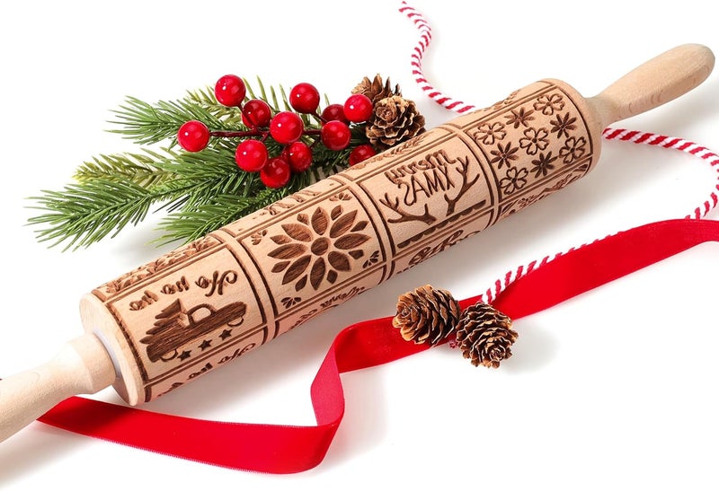 XINBADA 17" Premium Wooden Rolling Pins for Baking with XMAS Embossed Designs | 3mm Deep Springerle Cookie Molds | Christmas Rolling Pin & Baking Gifts for Women | Includes 3-in-1 Cleaning Brush - Image 1