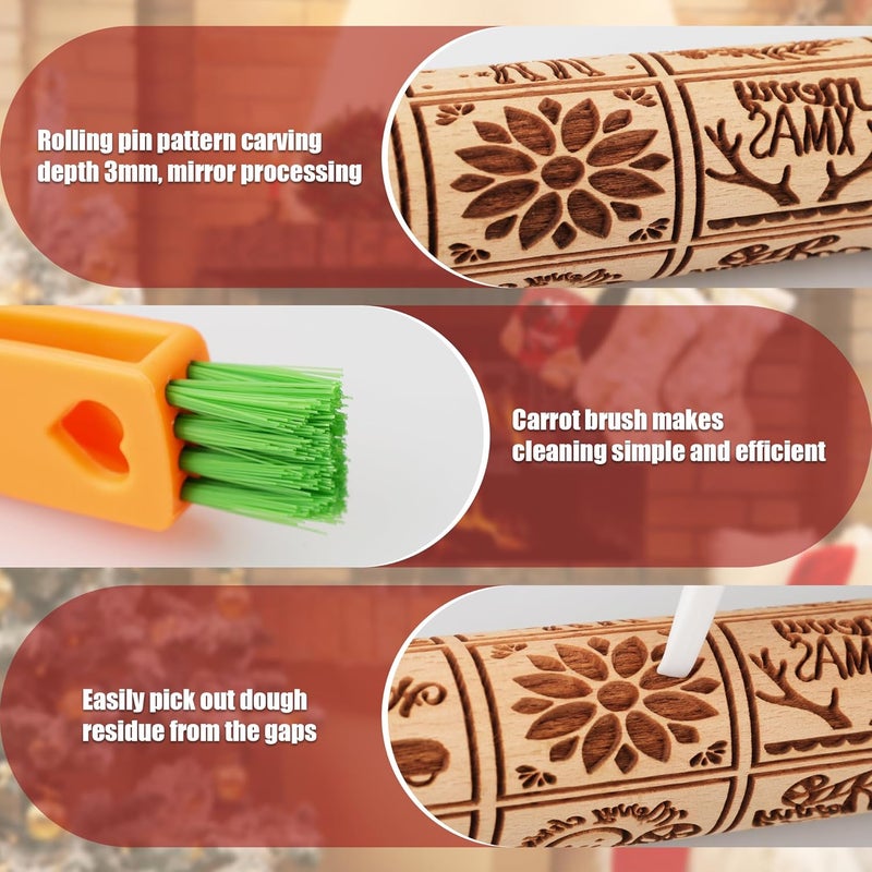 XINBADA 17" Premium Wooden Rolling Pins for Baking with XMAS Embossed Designs | 3mm Deep Springerle Cookie Molds | Christmas Rolling Pin & Baking Gifts for Women | Includes 3-in-1 Cleaning Brush - Image 4