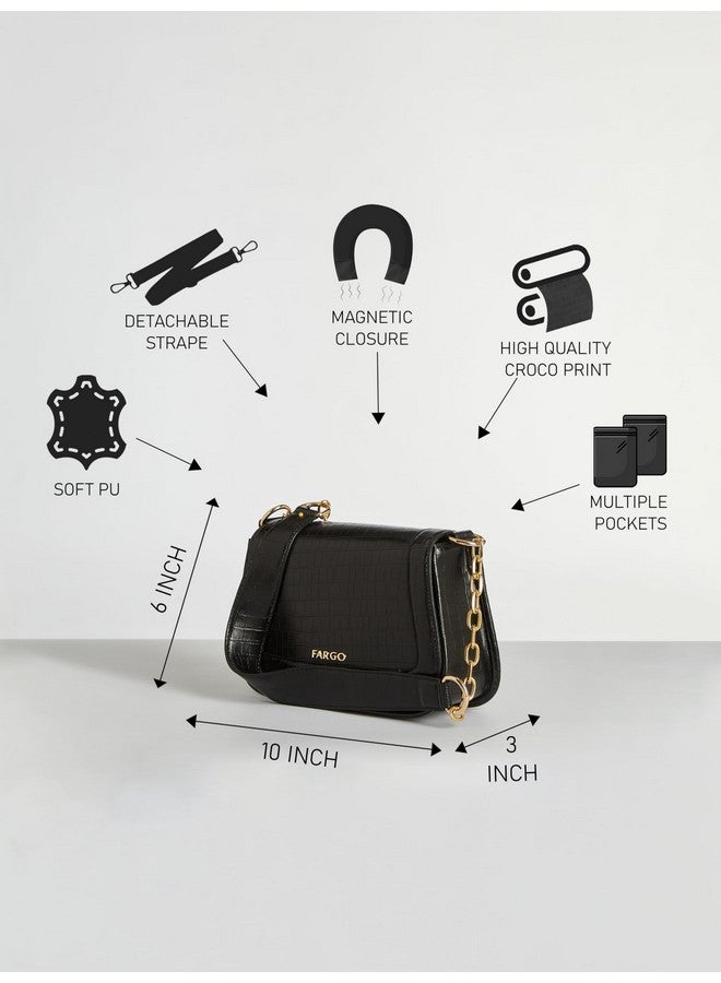 Fargo Duchess Black Shoulder Bag for Women | Croco Textured Vegan Leather Handbag with RFID Pockets, YKK Zipper, Crossbody Strap | Stylish Sling Tote for College, Casual & Party Use - Image 2