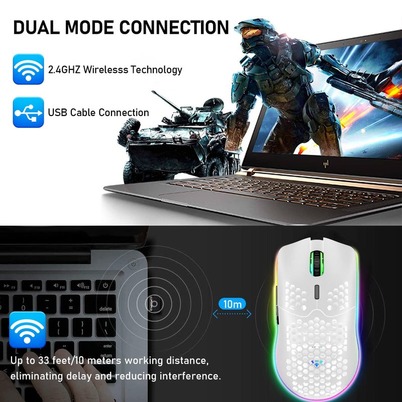 XINMENG Wireless Gaming Mouse Lightweight Honeycomb Design 3200 DPI Rechargeable Gaming Mouse with 16 Rainbow Backlit, USB Receiver,Compatible with PC Gamers and Xbox and PS4 Users - Image 5