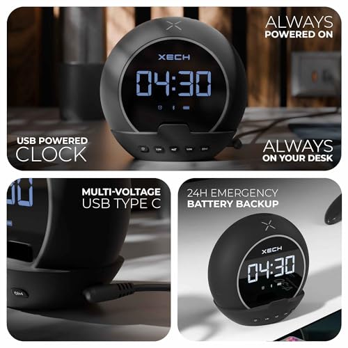 Xech Alarm Clock with Speaker for Heavy Sleepers | Small Table Clock for Students | USB Powered Bedside Clocks | Phone Stand & Pen Holder for Women, Wife (Ellipse, Black) - Image 3
