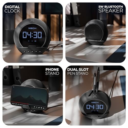 Xech Alarm Clock with Speaker for Heavy Sleepers | Small Table Clock for Students | USB Powered Bedside Clocks | Phone Stand & Pen Holder for Women, Wife (Ellipse, Black) - Image 2